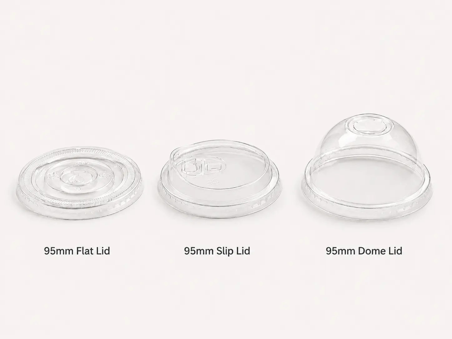 95mm PET flat lid, sip lid, and dome lid options for clear plastic cold drink cups